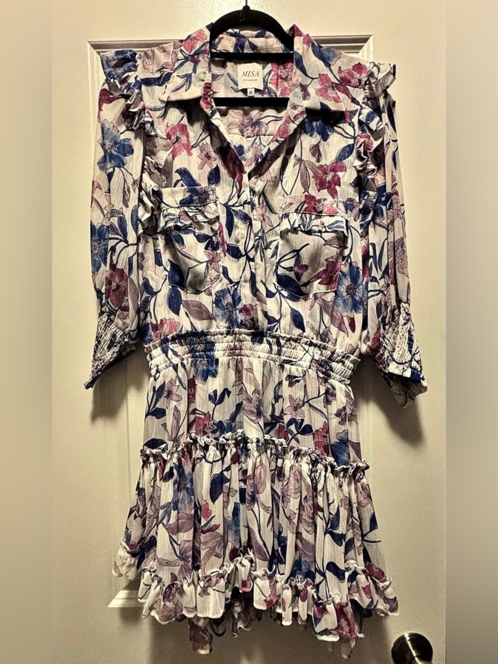 MISA Floral Ruffle Mini Dress in White & Pink Size Medium